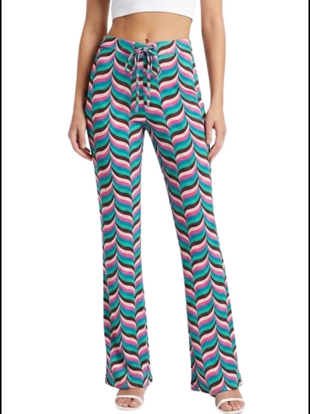 Women’s Wide-Leg Patterned Pants Zara - retro/disco Teal, Pink & Black